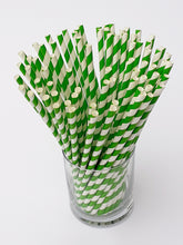 Load image into Gallery viewer, Green stripe paper straws made in UK. Our biodegradable eco friendly paper straws are recyclable with a low carbon footprint. Say no to plastic – our planet matters.