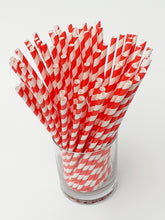 Load image into Gallery viewer, Red stripe paper straws made in UK. Our biodegradable eco friendly paper straws are recyclable with a low carbon footprint. Say no to plastic – our planet matters.